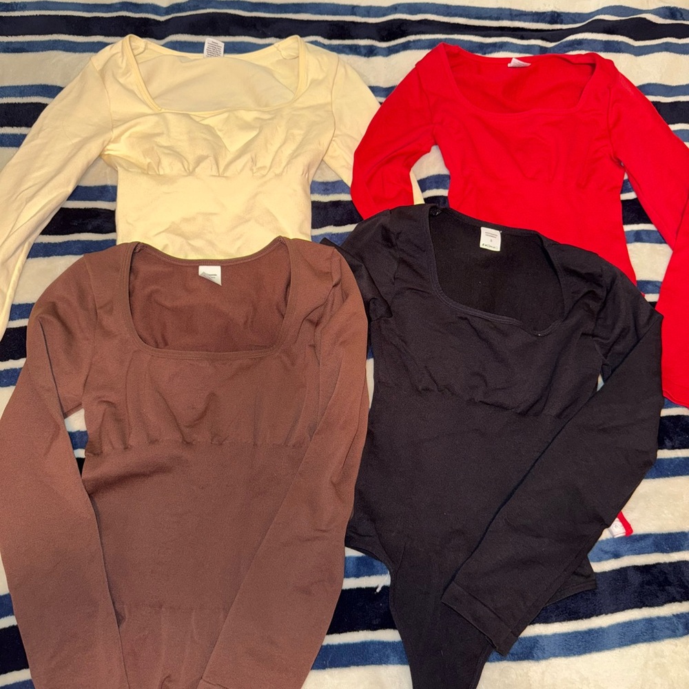 Set of Four Long Sleeve Tops in Red, Cream, Brown, and Black